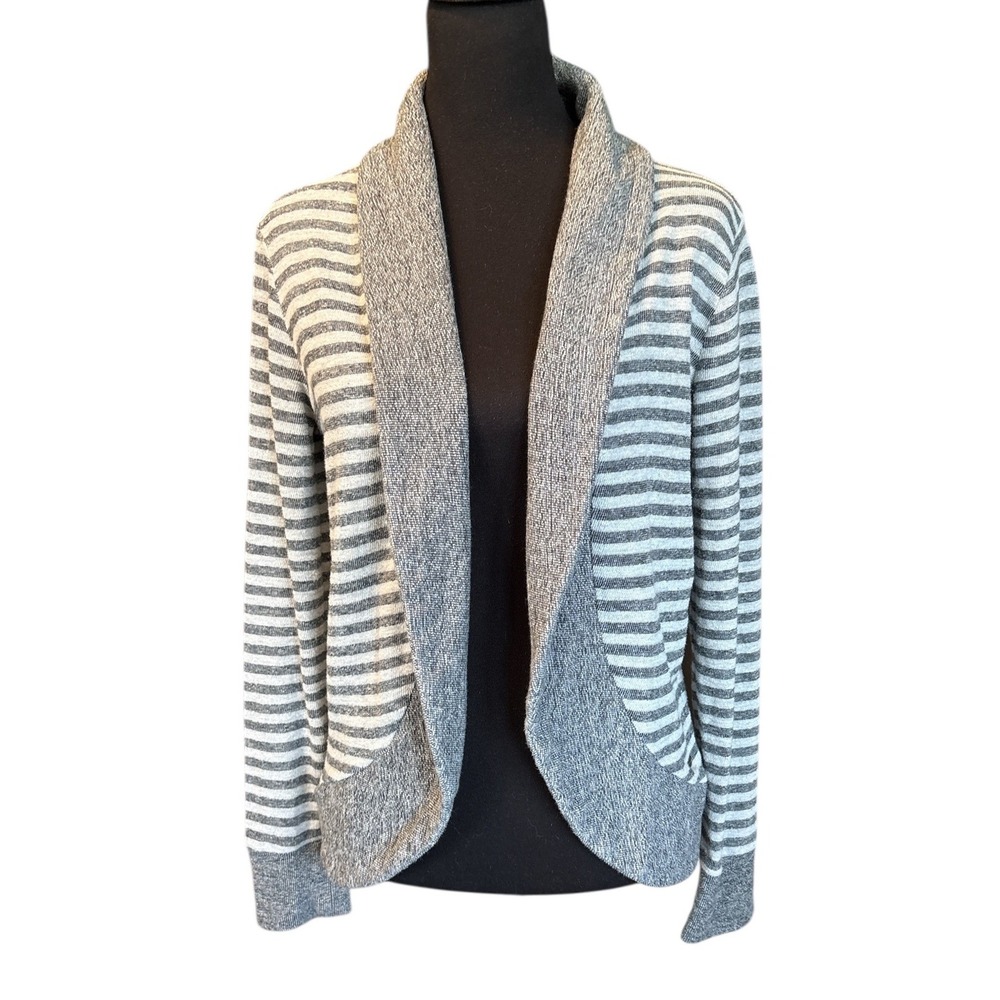 Element Gray Striped Curved Hem Open Front Cardigan, Medium, Travel, Casual